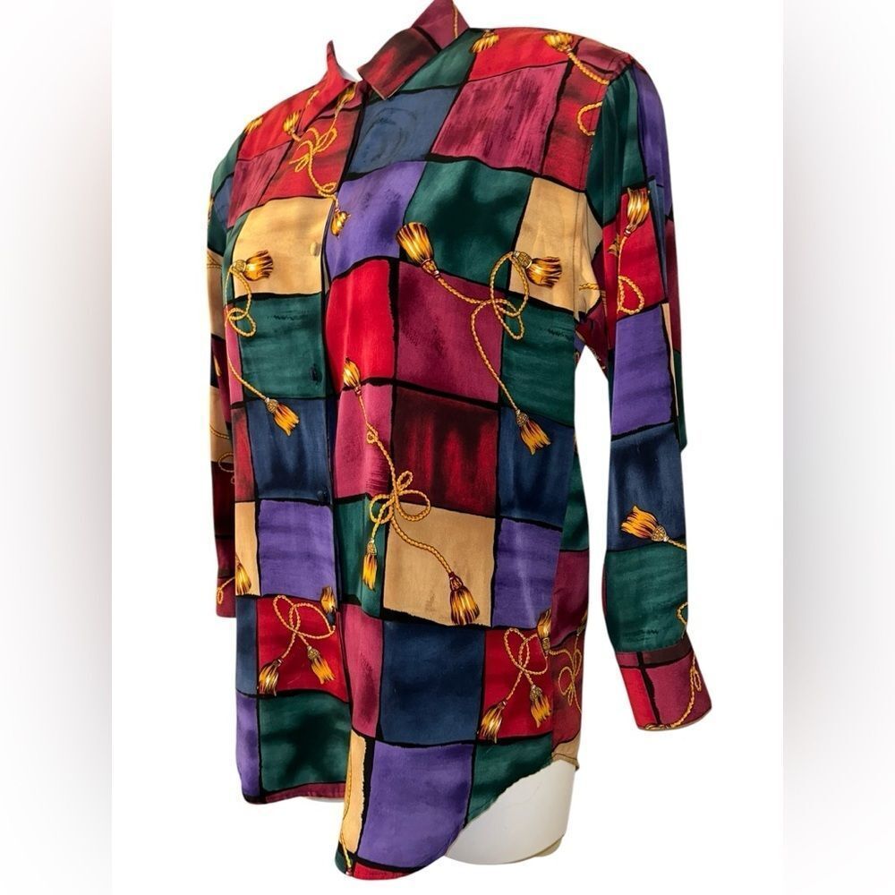 Full Button Vintage Blouse Size M Colorful Geometric Print Tassel Detail 80s 90s - Picture 3 of 9